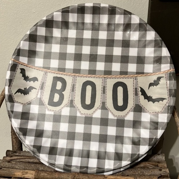 SHABBY CHIC PRE OWNED SET OF 8 BOO Black BUFFALO PLAID MELAMINE PAPER PLATES - Picture 7 of 16